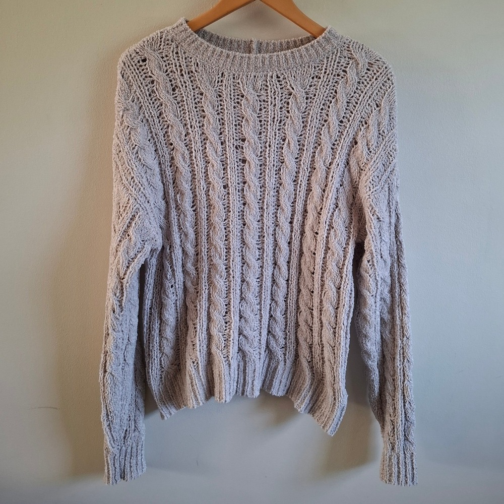 American Eagle Plush Chunky Knit Sweater Beige Preppy Fisherman Soft Indie Sz M